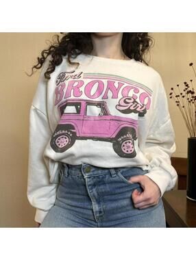 Ford Bronco Graphic Cropped Sweatshirt White & Pink Cotton Blend Fleece Size XL